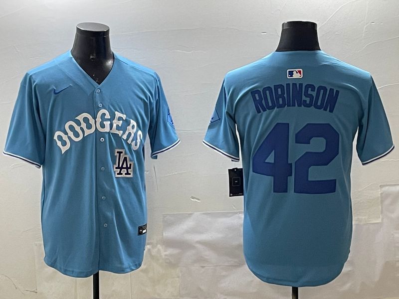 Men Los Angeles Dodgers #42 Robinson Light Blue Joint Name 2025 Nike MLB Jersey style 12